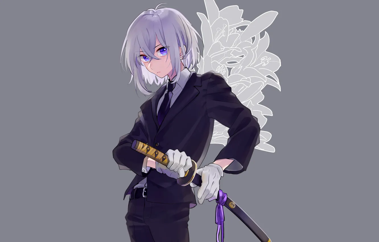 Photo wallpaper flowers, Lily, sword, katana, guy, grey background, Touken Ranbu, Dance of swords