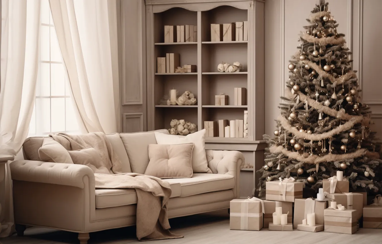 Photo wallpaper decoration, room, sofa, gift, balls, tree, new year, home