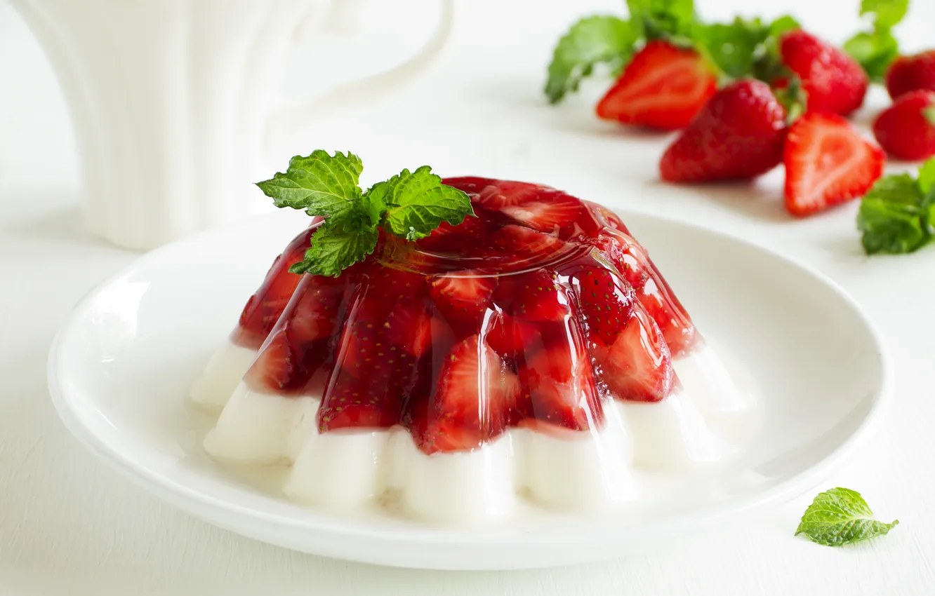 Photo wallpaper strawberry, dessert, strawberry, mint leaves, a mint leaf., strawberry jelly, dessert strawberry jam