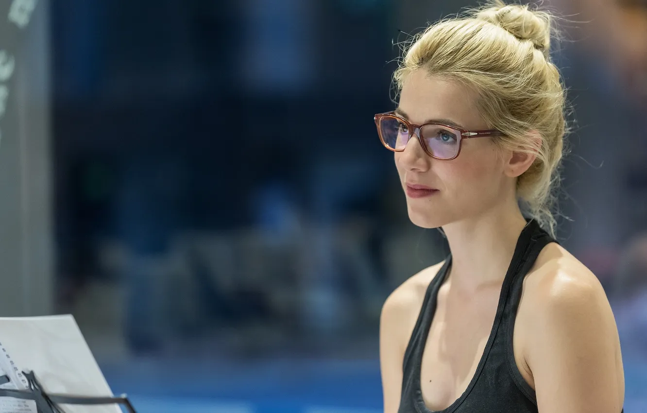 Photo wallpaper girl, smile, notes, glasses, blonde, music stand