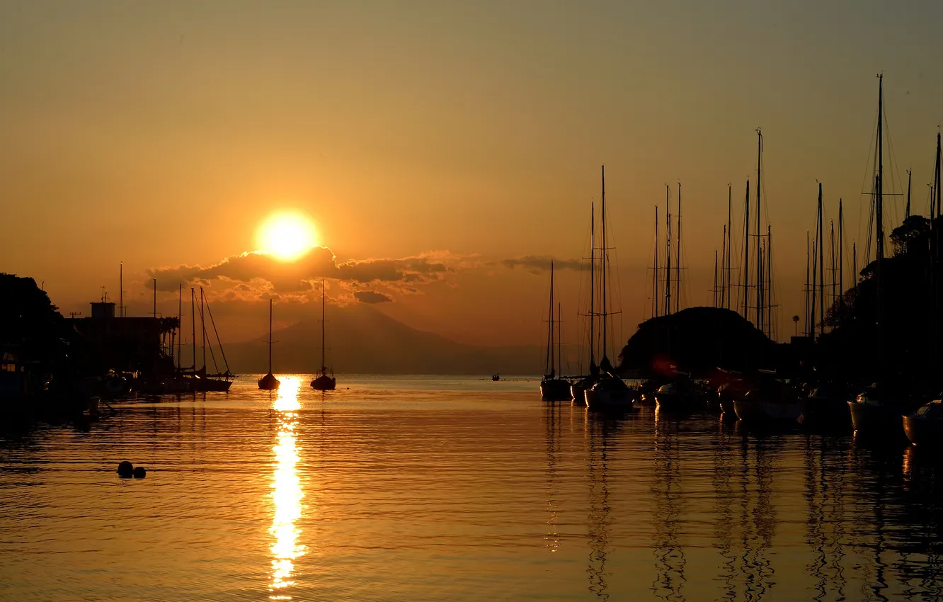 Photo wallpaper clouds, dawn, boat, harbour