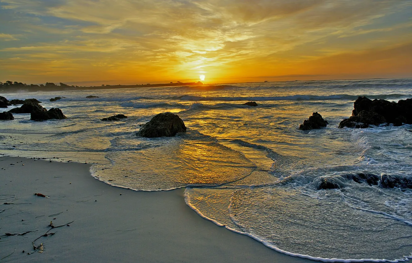 Photo wallpaper waves, beach, sea, rocks, sunrise