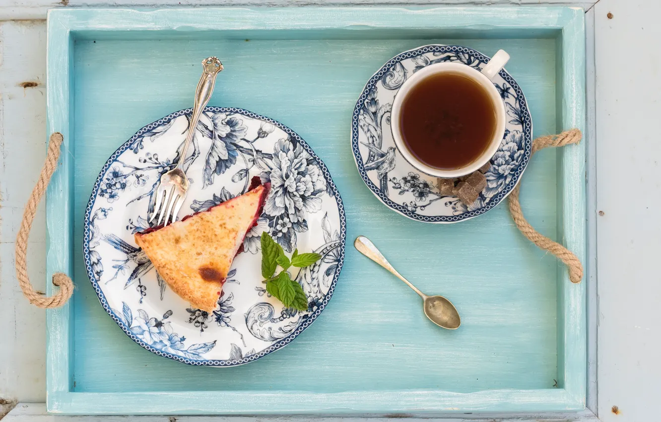 Photo wallpaper tea, pie, Cup, tray, piece, plum, Iryna Melnyk