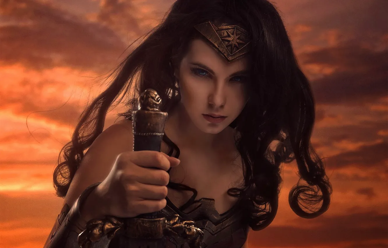 Photo wallpaper cinema, sword, Wonder Woman, armor, blue eyes, movie, ken, blade