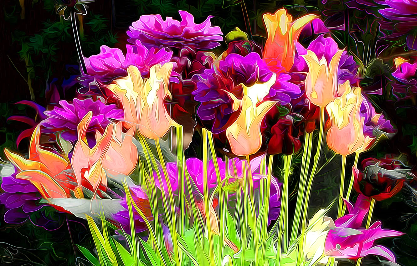 Photo wallpaper line, flowers, abstraction, paint, tulips