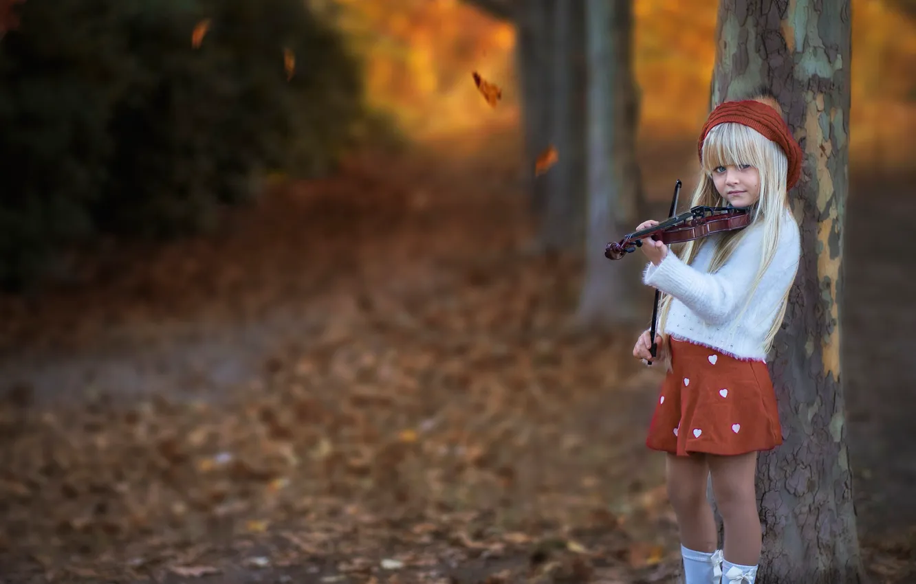 Photo wallpaper autumn, leaves, trees, mood, violin, girl