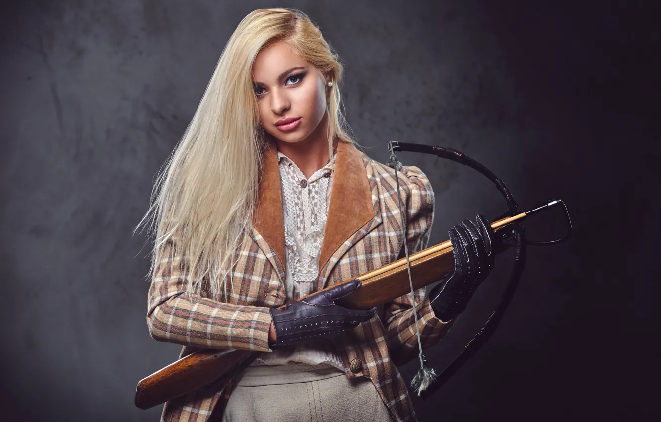 Photo wallpaper look, girl, background, blonde, gloves, long hair, crossbow