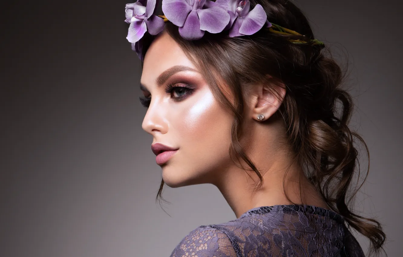 Photo wallpaper look, girl, flowers, style, portrait, makeup, hairstyle, wreath