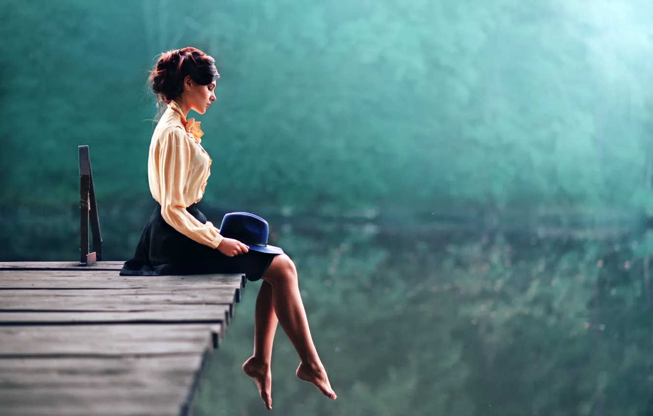 Photo wallpaper girl, pose, reflection, river, green, sweetheart, skirt, portrait