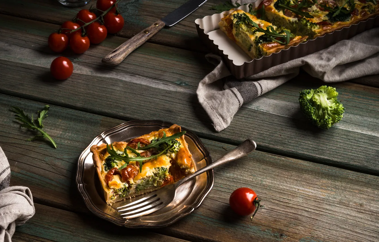 Photo wallpaper food, pie, vegetables, tomatoes, spices, a piece of cake, Iryna Melnyk