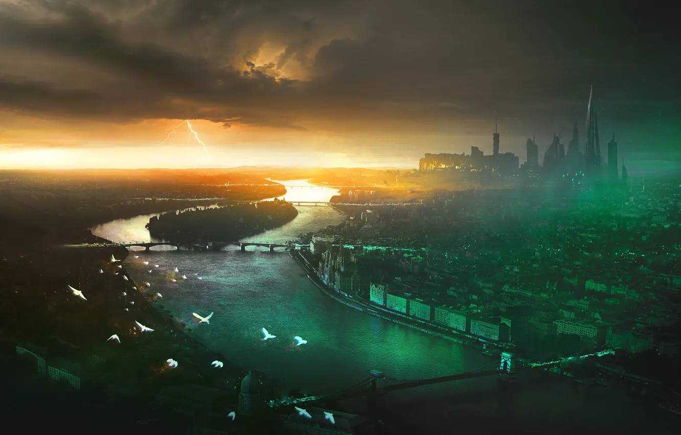 Photo wallpaper the storm, the sky, clouds, bridge, the city, river, tower, art