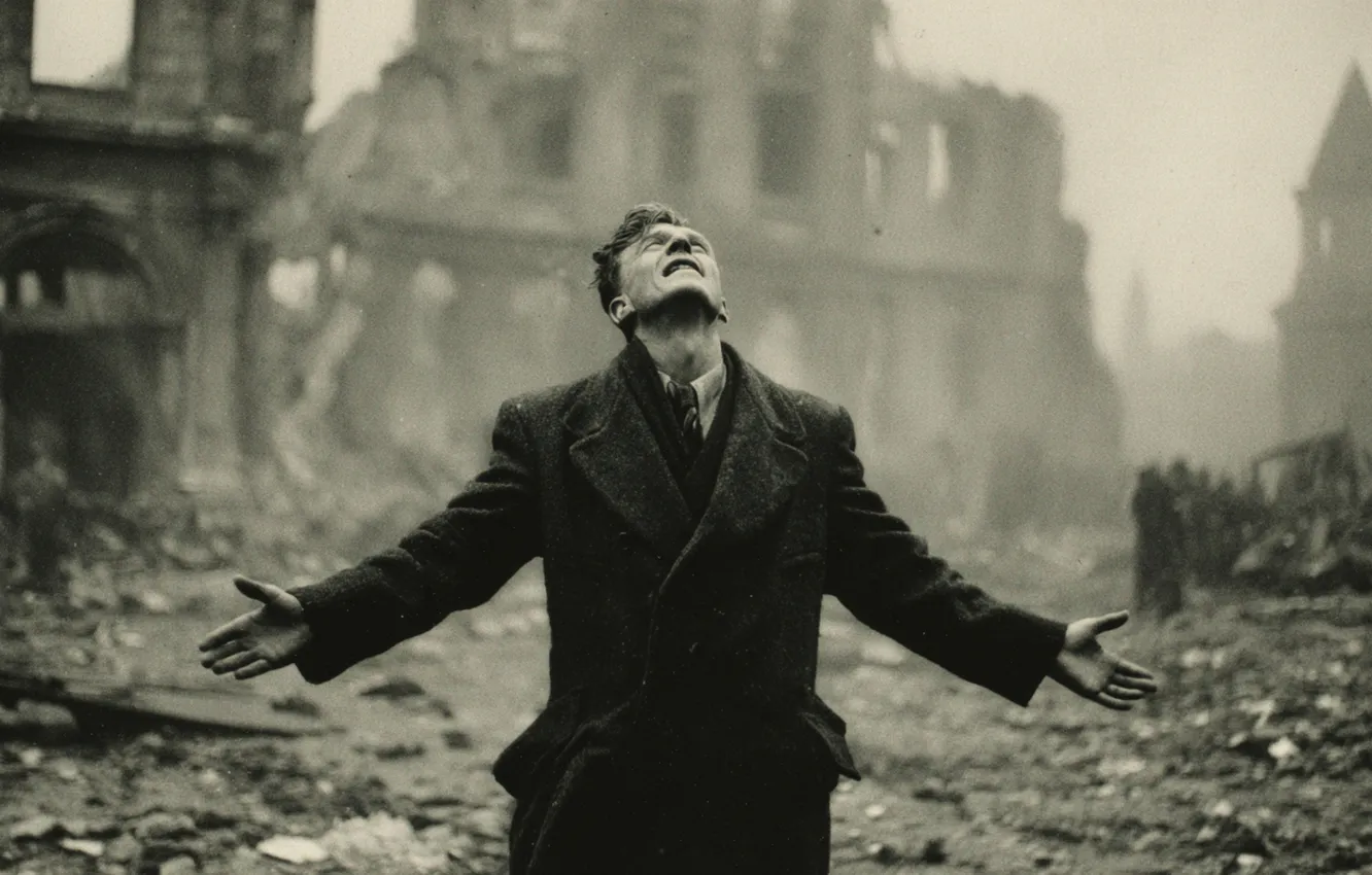 Photo wallpaper fragments, the city, pose, fog, retro, war, people, building