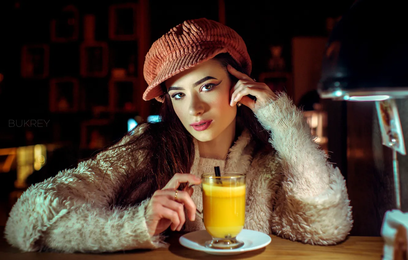 Photo wallpaper look, glass, pose, model, lamp, portrait, makeup, juice