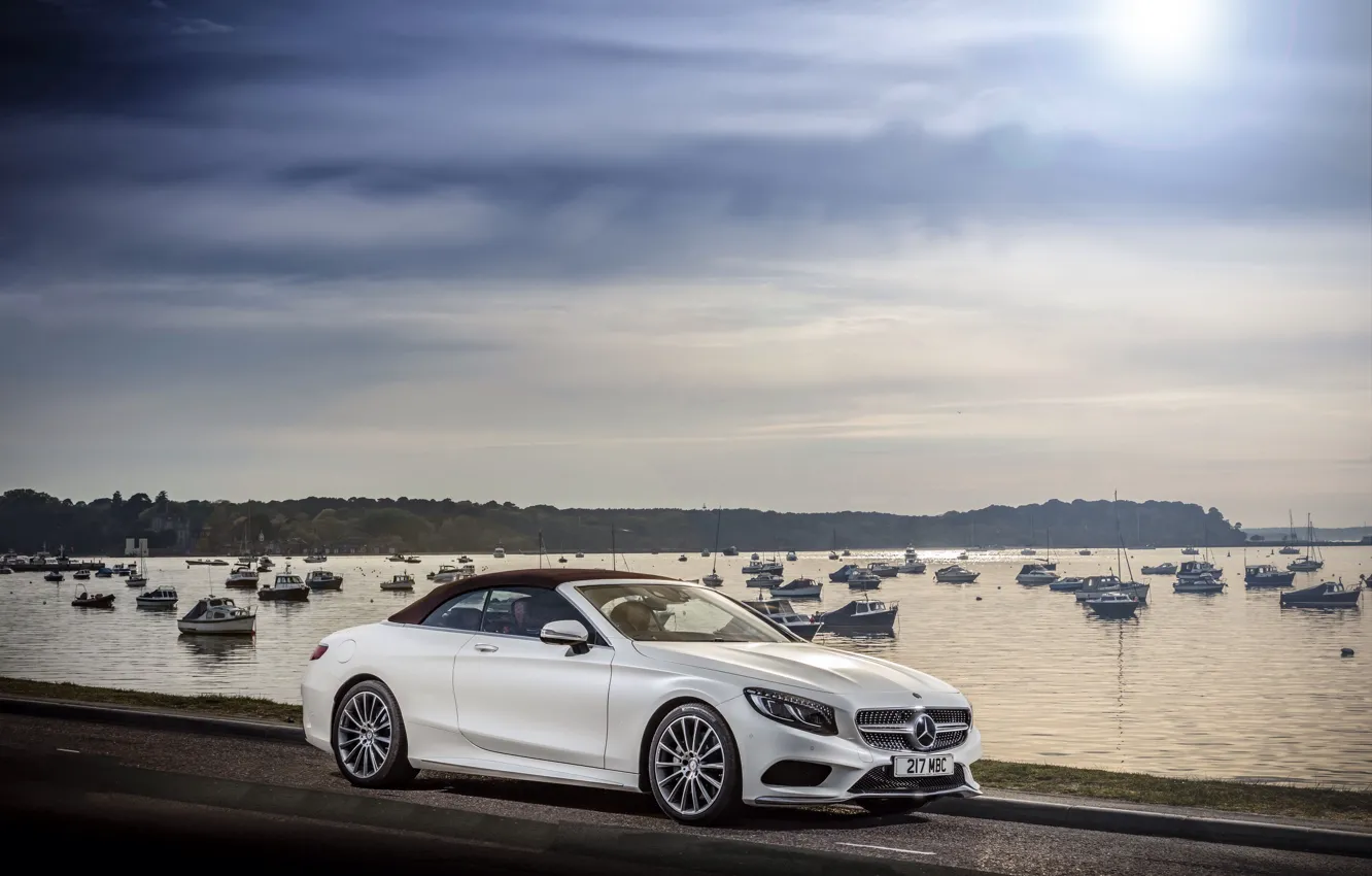 Photo wallpaper road, auto, the sky, water, Mercedes-Benz, boats, Cabriolet, S 500
