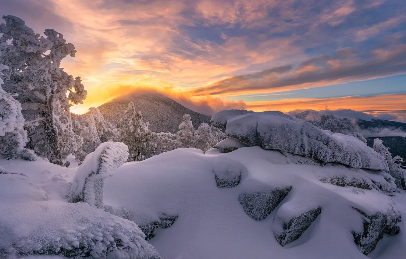 Photo wallpaper winter, snow, trees, sunset, mountains, stones, the snow, Spain