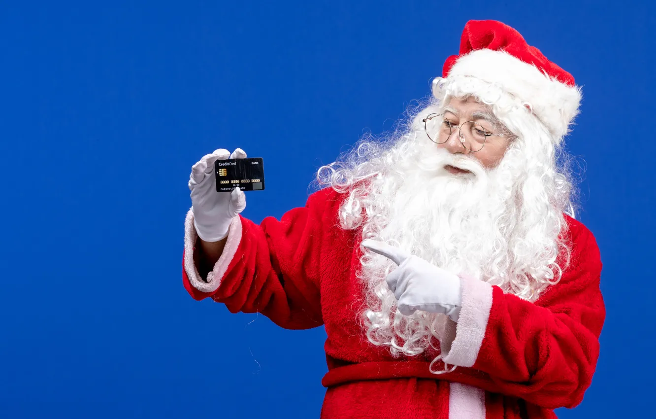 Photo wallpaper new year, Christmas, Santa Claus, Santa Claus, gesture, blue background, credit card, credit card