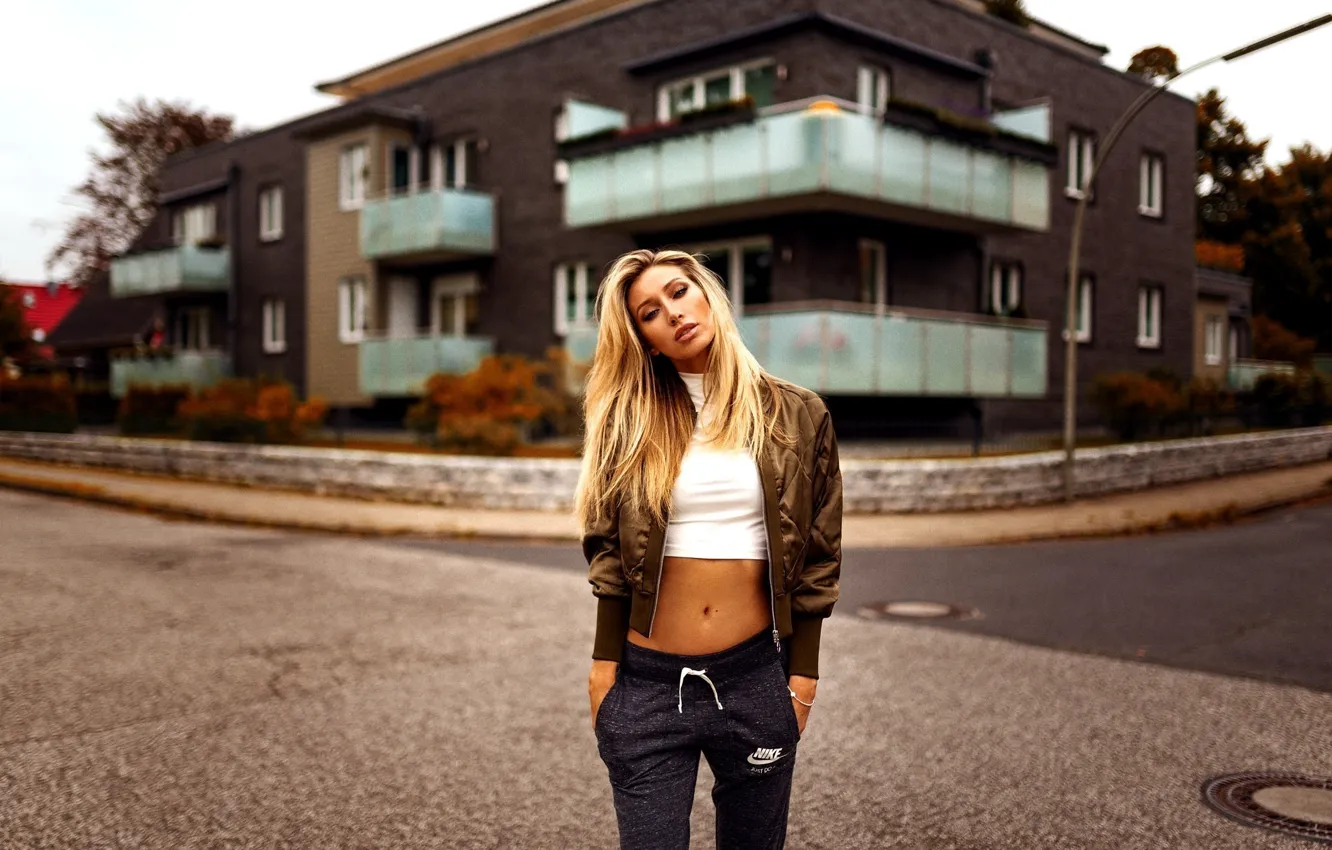 Photo wallpaper road, house, street, makeup, Mike, jacket, hairstyle, blonde