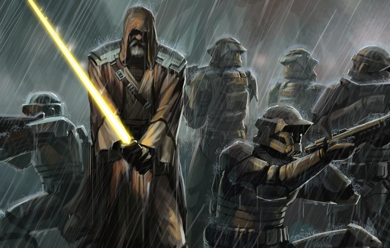 Photo wallpaper rain, sword, Star Wars, Jedi, clones