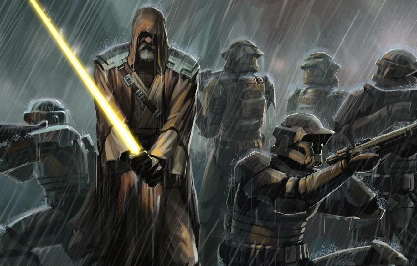 Photo wallpaper rain, sword, Star Wars, clone, Jedi
