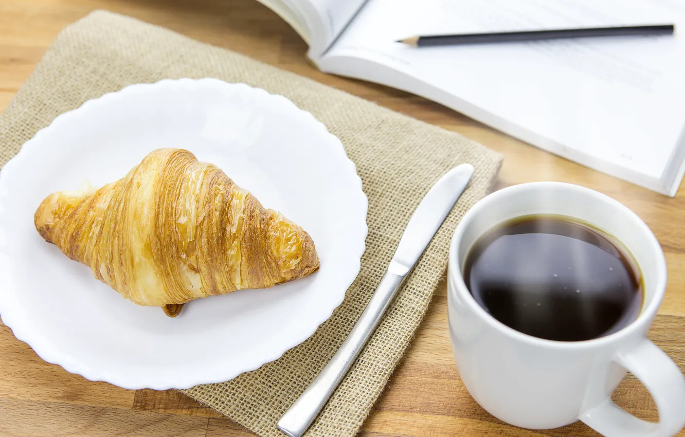 Photo wallpaper table, coffee, Breakfast, pencils, plate, knife, mug, notebook