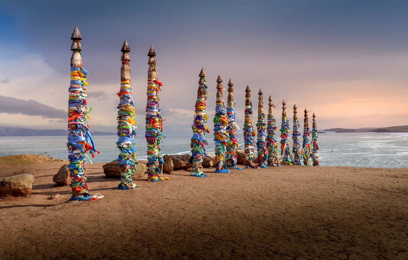 Photo wallpaper beach, sea, fabrics, poles, Tradition, Culture