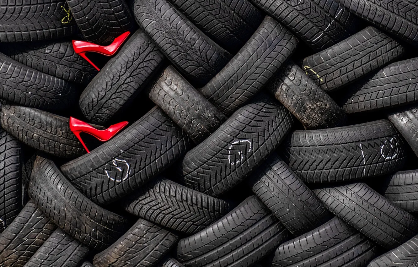 Photo wallpaper black, tires, shoes, red