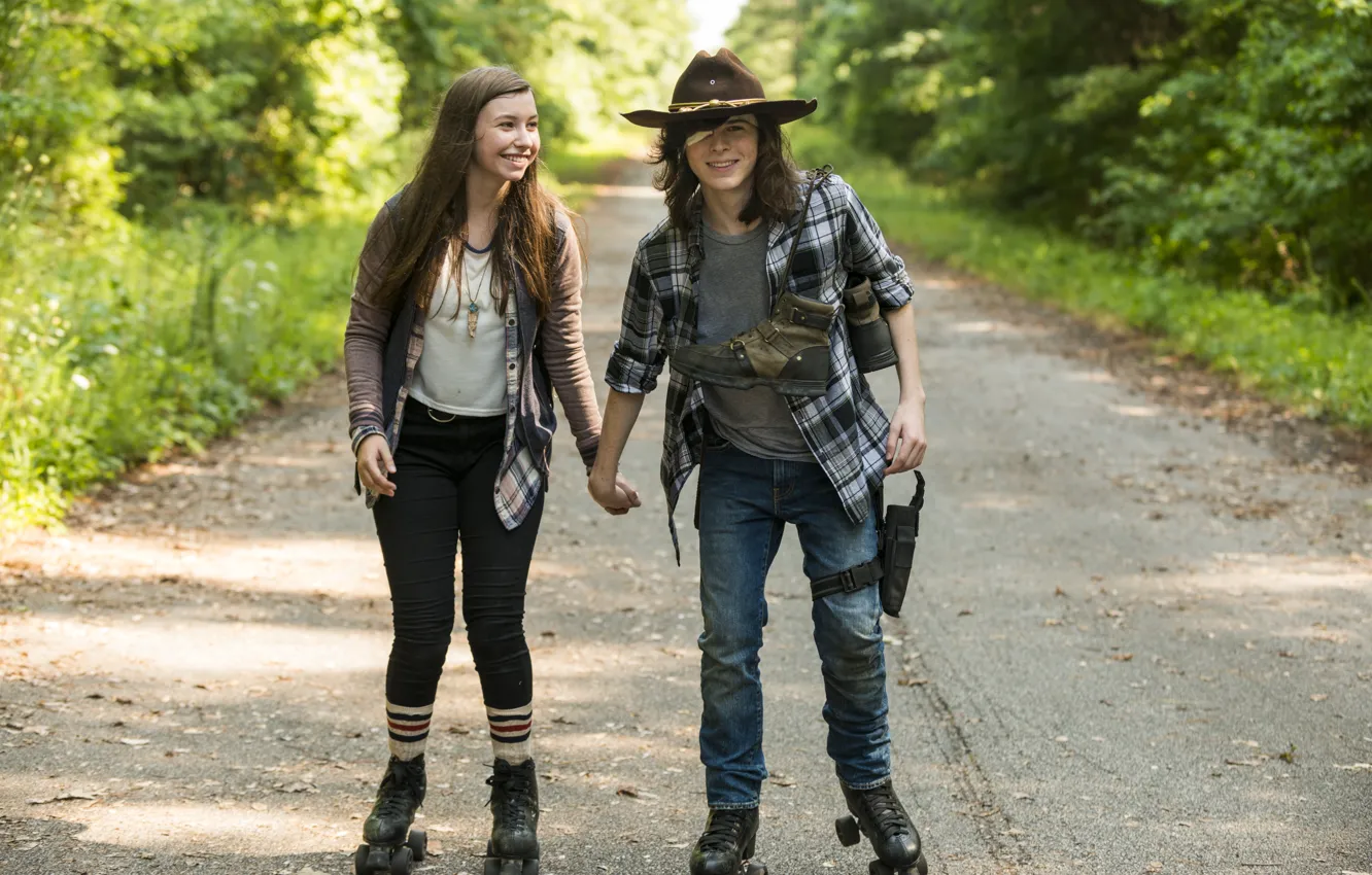Photo wallpaper season 7, Carl Grimes, Chandler Riggs, walking dead, Katelyn Nacon, Enid