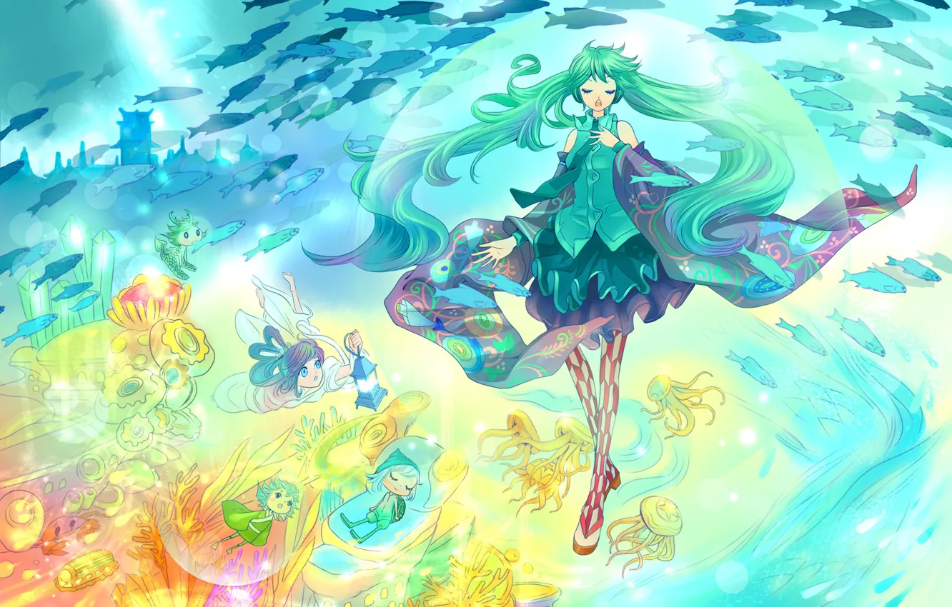 Photo wallpaper girl, fish, men, art, jellyfish, vocaloid, hatsune miku, under water