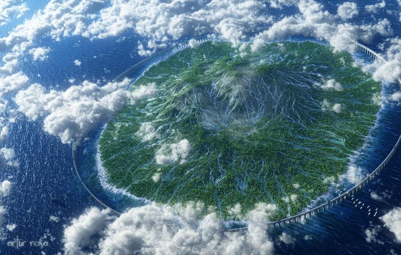 Photo wallpaper sea, clouds, river, the ocean, bird, island, height, art