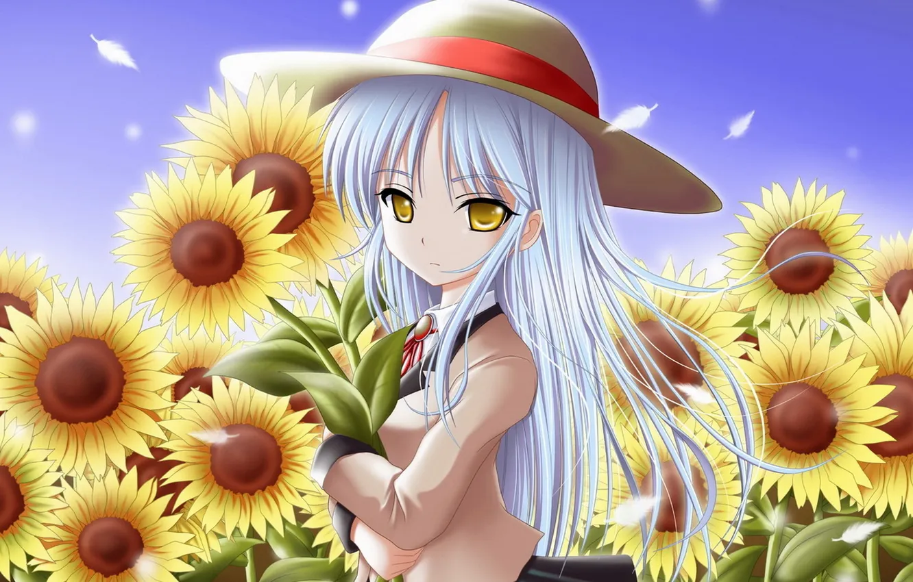 Photo wallpaper sunflowers, Wallpaper, anime, girl, hat, kanade tachibana, angel beats, yellow eyes.