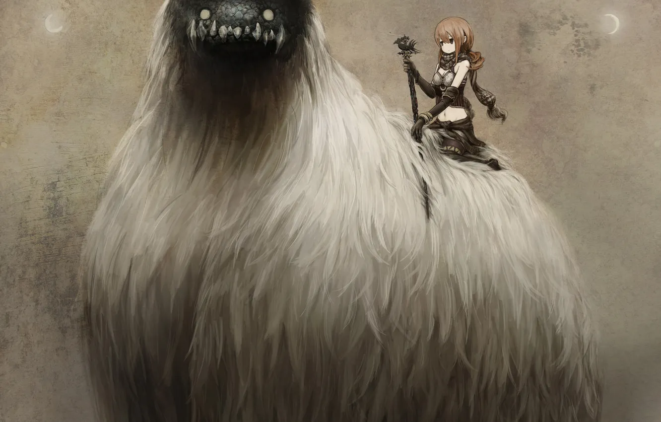 Photo wallpaper girl, monster, anime, scarf, art, horns, rod, toi