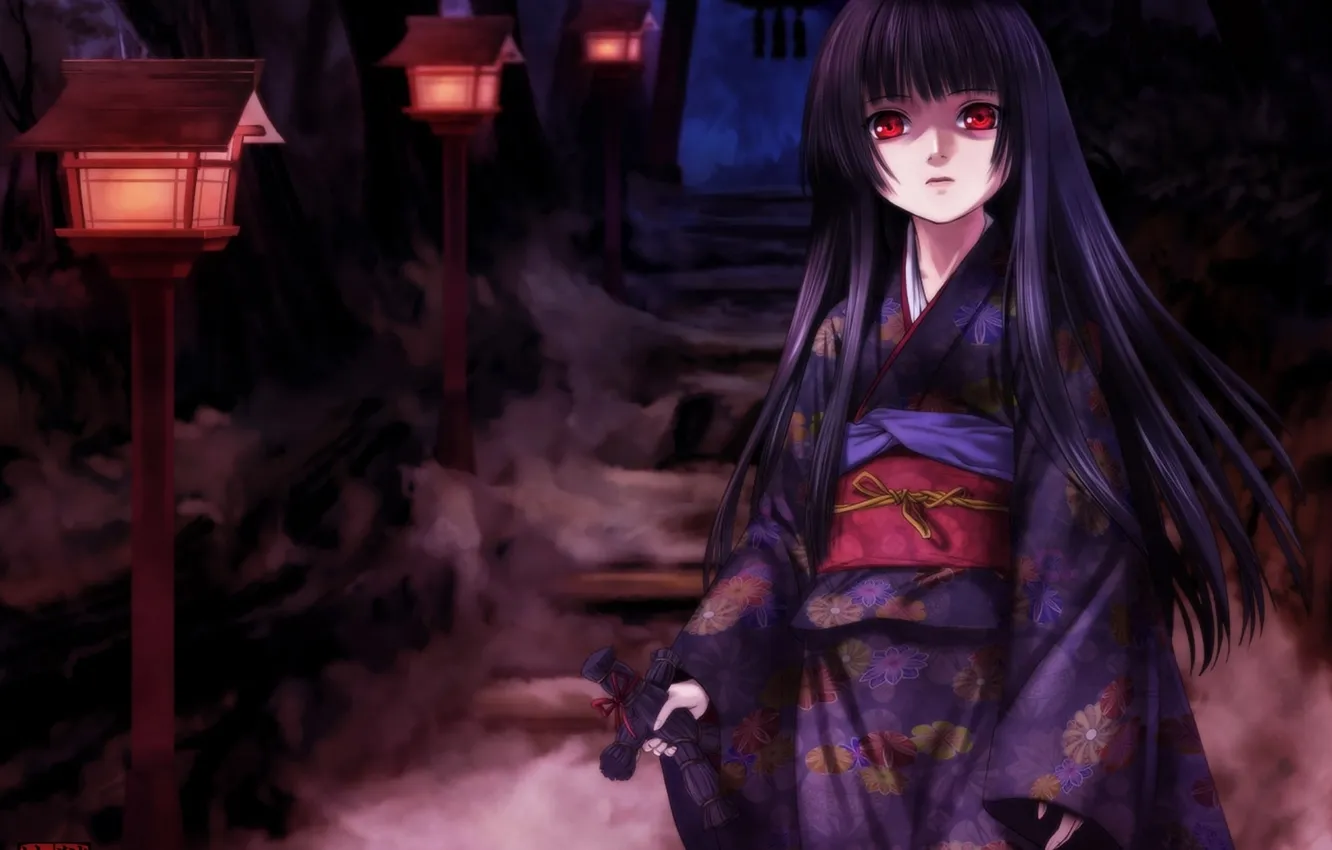 Photo wallpaper night, lights, ladder, kimono, red eyes, Enma Ai, Jigoku Shoujo, Hell girl