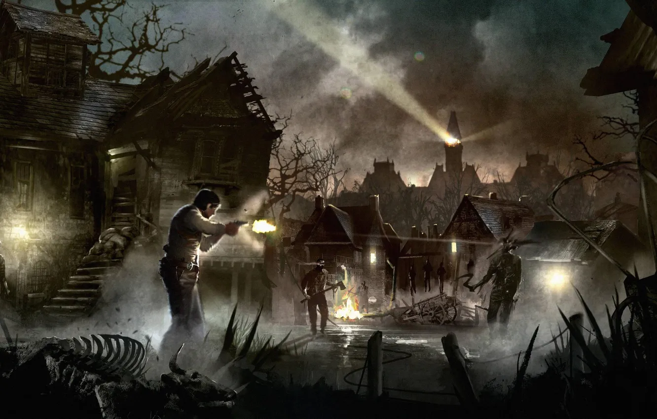 Photo wallpaper rays, lights, figure, tower, home, shot, village, bones