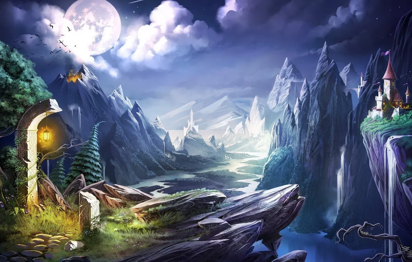 Photo wallpaper landscape, mountains, river, castle, open, rocks, the moon, lantern