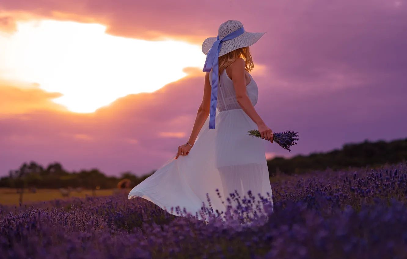 Photo wallpaper field, white, the sky, girl, sunset, flowers, back, hat