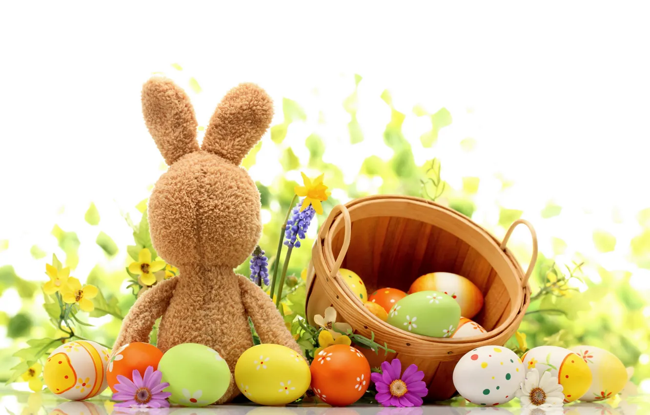 Photo wallpaper grass, flowers, eggs, spring, rabbit, Easter, grass, flowers