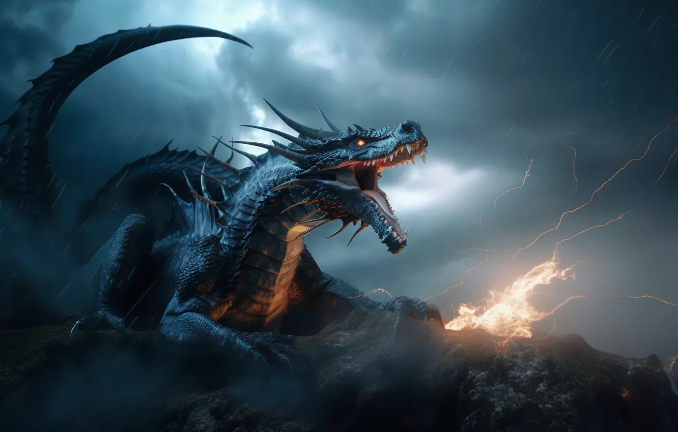 Photo wallpaper fire, fantasy, dragon, mouth, catch