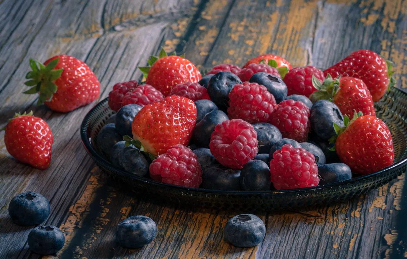 Photo wallpaper berries, raspberry, Board, strawberry, blueberries