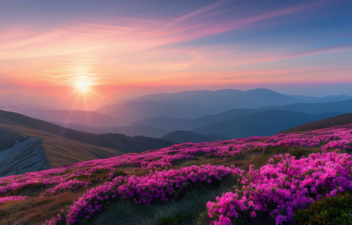 Photo wallpaper field, the sun, clouds, flowers, mountains, fog, dawn, hills
