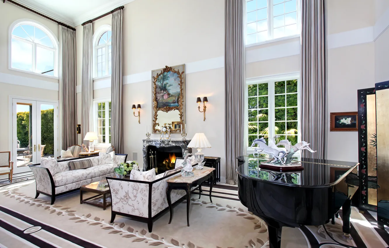 Photo wallpaper sofa, furniture, Villa, interior, picture, piano, window, lamp