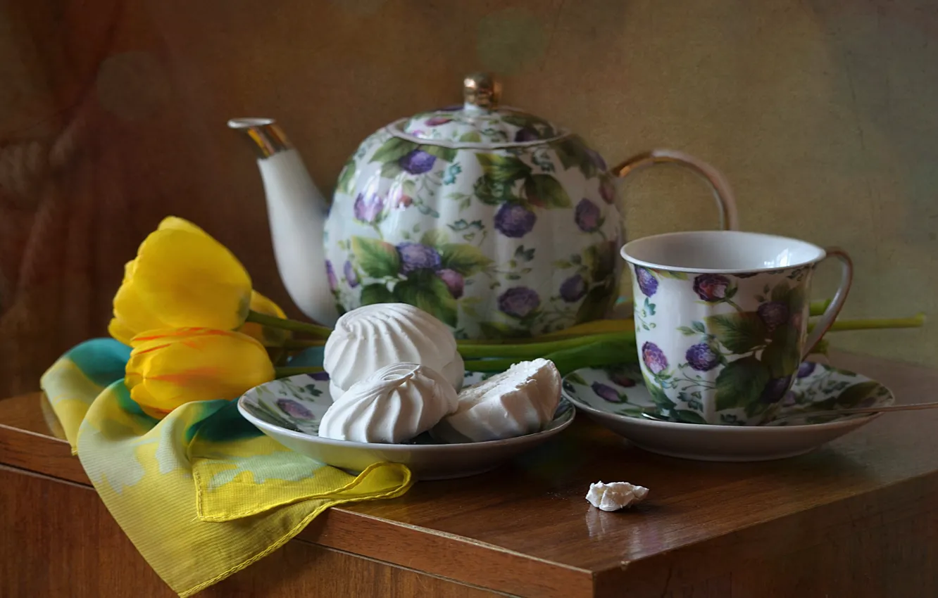 Photo wallpaper flowers, table, kettle, Cup, tulips, sweets, dishes, still life