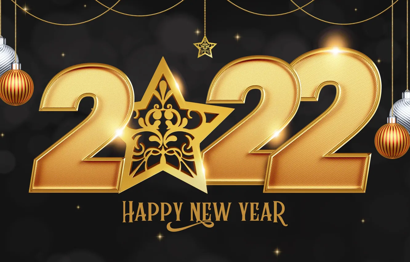 Photo wallpaper balls, background, star, figures, New year, gold, 2022