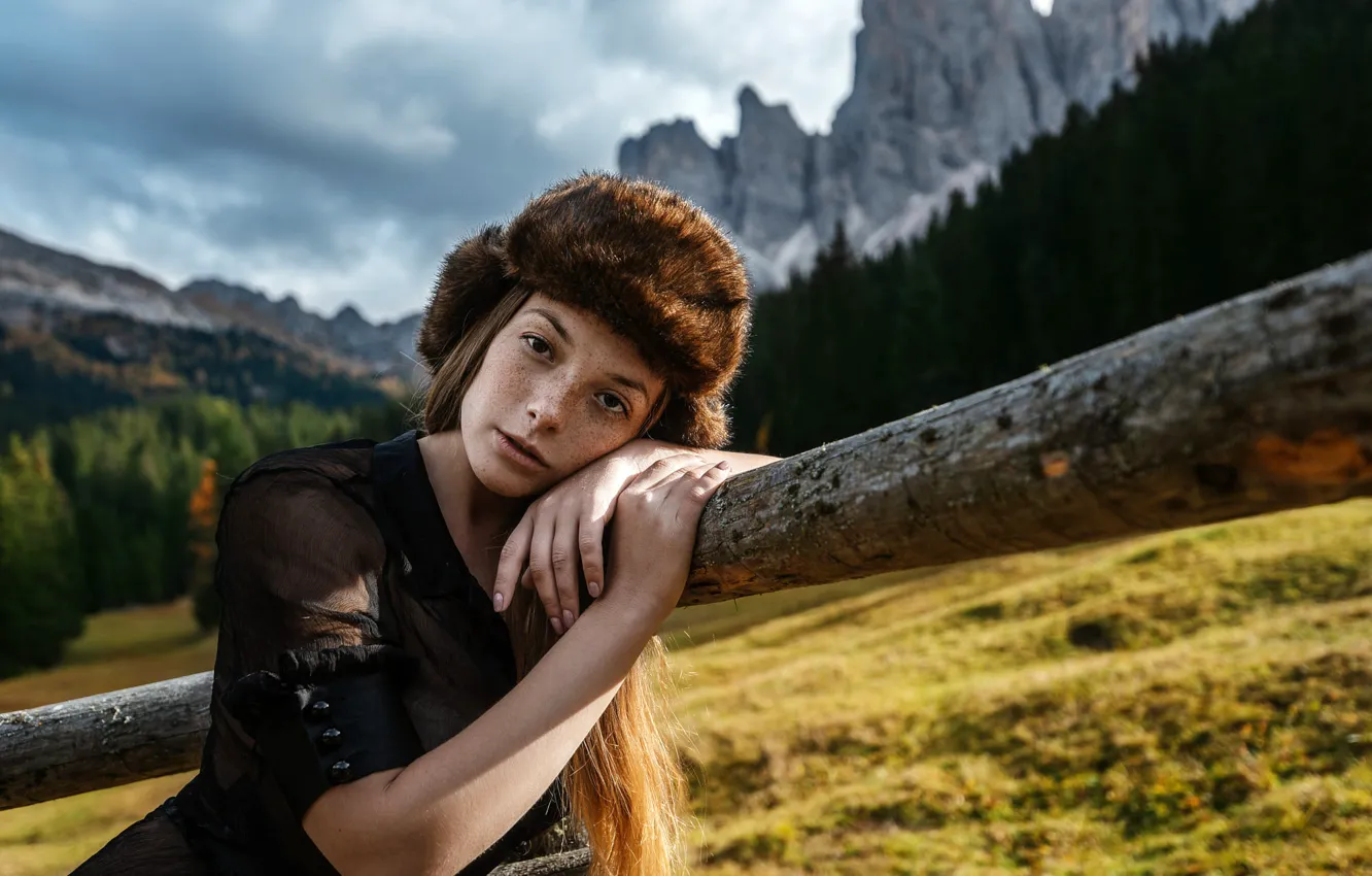 Photo wallpaper forest, look, the sun, trees, landscape, mountains, pose, model