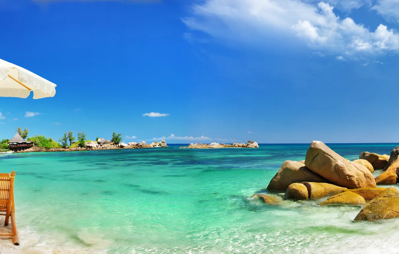Photo wallpaper sand, sea, beach, tropics, stones, palm trees, umbrella, coast