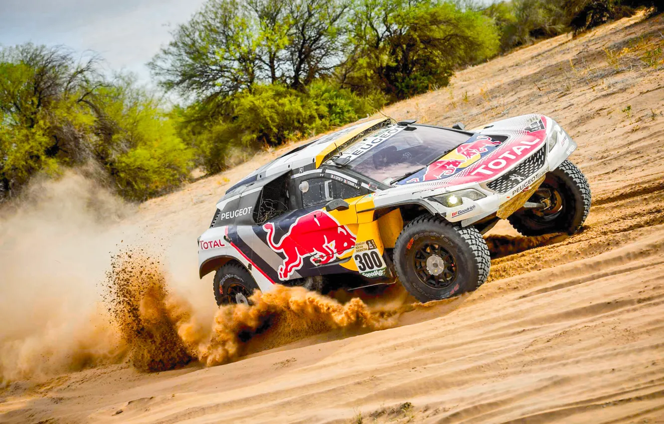 Photo wallpaper Sand, Sport, Speed, Race, Peugeot, Lights, Red Bull, Rally