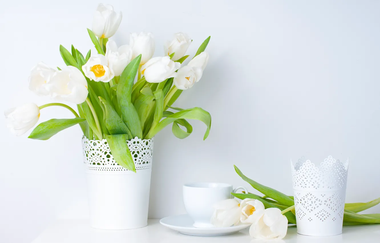 Photo wallpaper leaves, flowers, spring, Cup, tulips, vase, white, saucer