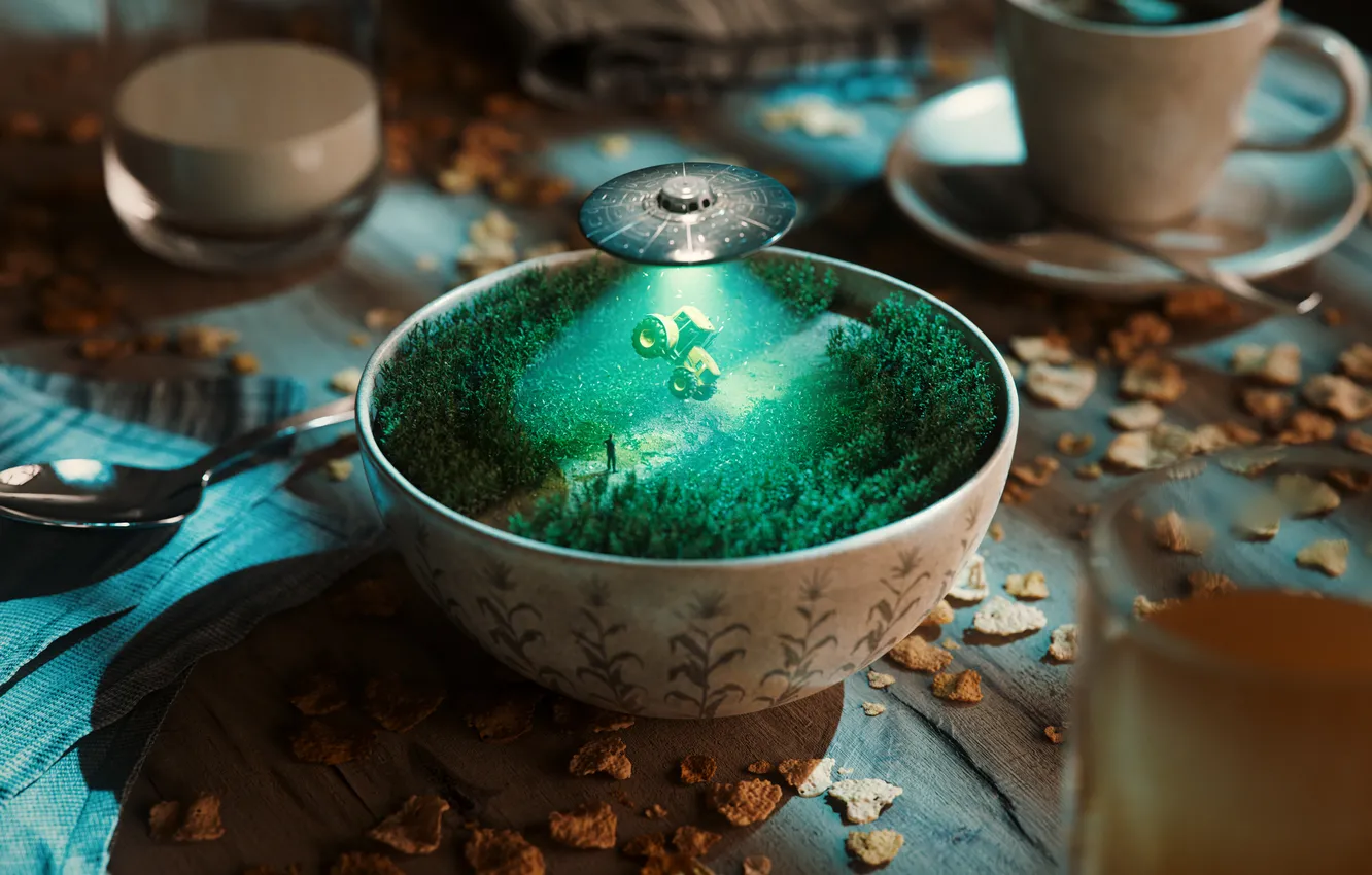 Photo wallpaper fantasy, macro, coffee cup, UFO, saucer, Farm Land