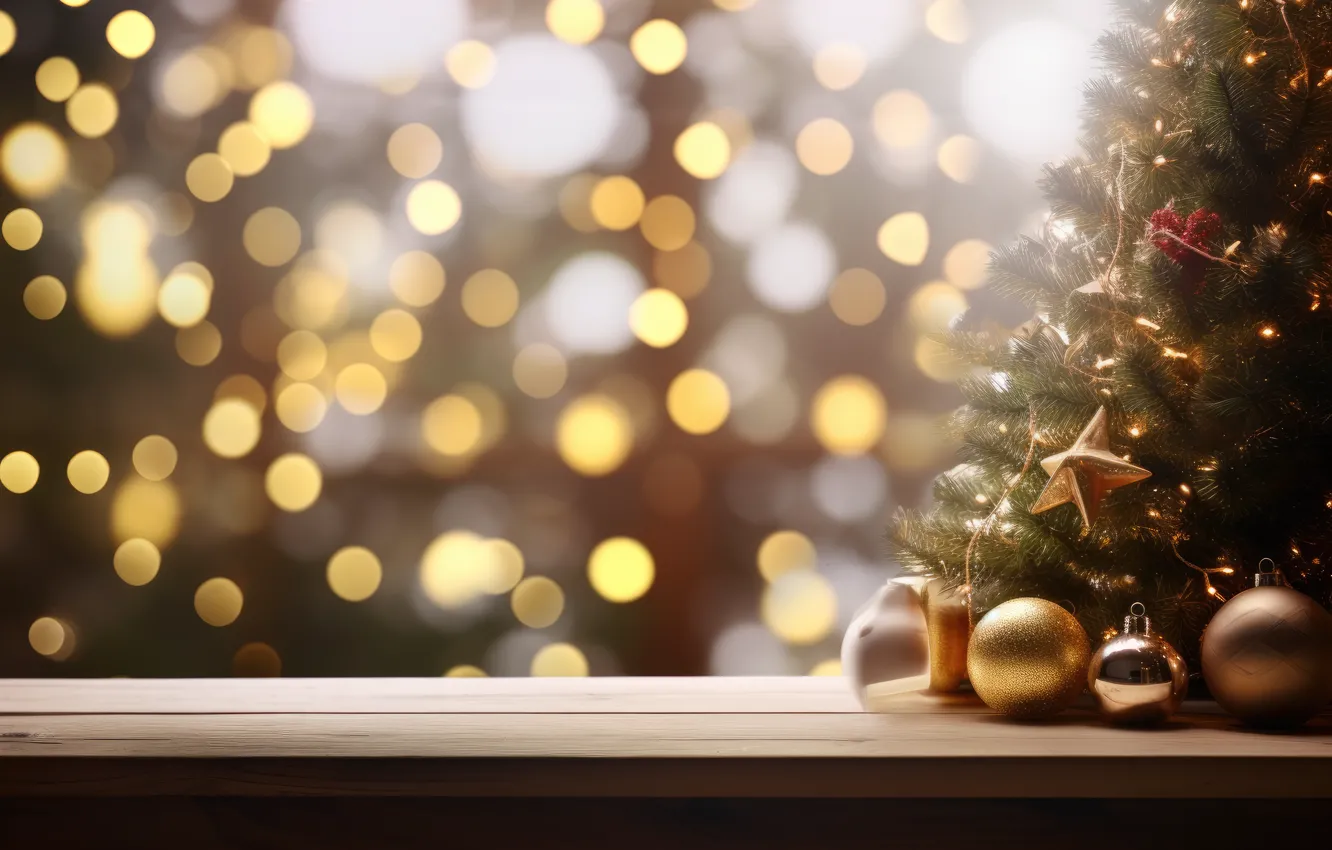Photo wallpaper decoration, background, balls, tree, New Year, Christmas, gifts, golden