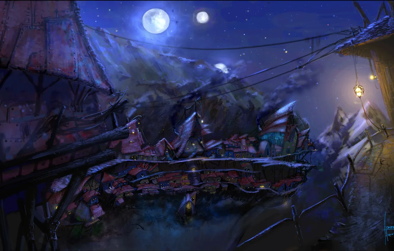 Photo wallpaper stars, light, night, the moon, window, art, lights, house