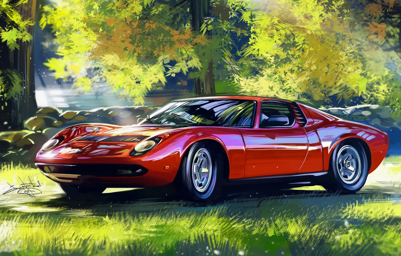 Photo wallpaper Red, Car, Retro, Supercar, Lamborghini Miura, Sketch, Alexander Sidelnikov